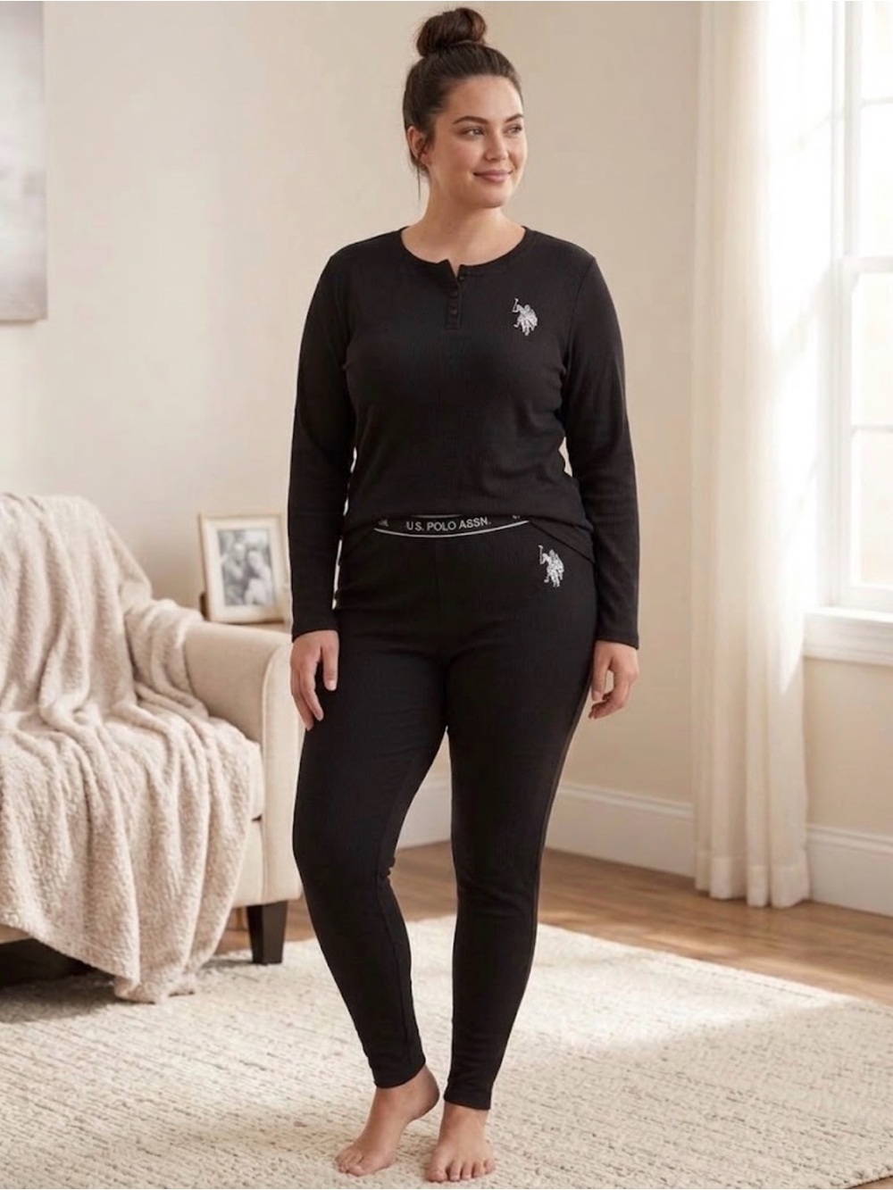 U.S. Polo Assn. Black Long-Sleeve Henley Top & Legging Sleep Set